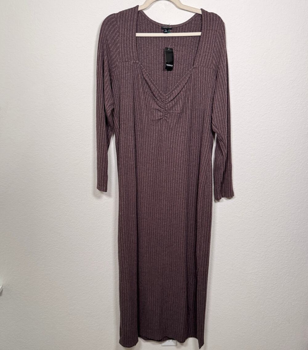 Torrid Women Tea Length Hacci Rib Column Dress Size 2X Long Sleeve Neutral Taupe